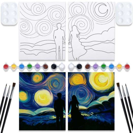 VOCHIC Couples Paint Party Kits Pre Drawn Canvas for Adults for Paint and Sip Date Night Games for Couples Painting kit 8x10 Date Nighet Valentine's Day(2 Pack)