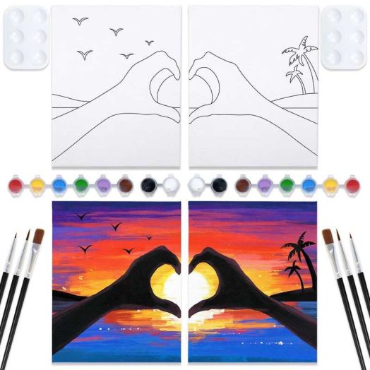 VOCHIC Sip and Paint Kit, Pre Drawn Canvas Couples Paint Party Kit, Paint Art Set with Outline Canvas for Adults Date Night Games Couples Sunset Heart, Valentine's Day, 2 Pack (8 x 10 Inches)