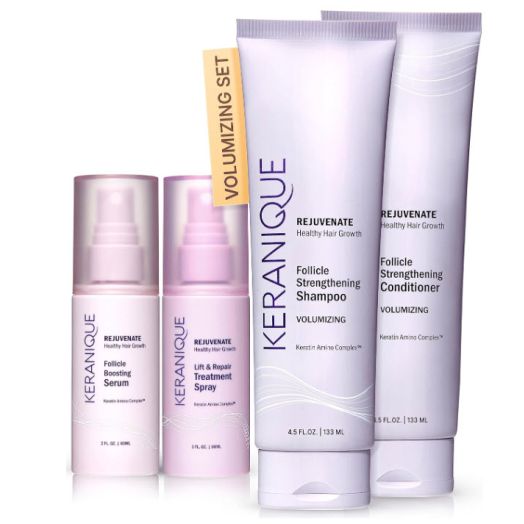 Volumizing Hair Growth System by Keranique includes Keratin Shampoo, Conditioner, Follicle Boosting Hair Growth Serum and Instant Volume Lift and Repair Treatment Spray Paraben Sulfate Free