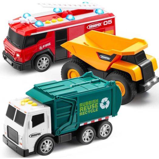 VROOMIX 3-Pack Emergency Vehicle Toy Set - Friction Powered Garbage Truck, Fire Truck, and Construction Vehicle with Lights and Sounds - Educational Toy Set for Boys, Xmas Ideal Gift for Kids