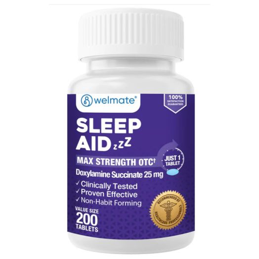 WELMATE | Sleep Aid | Doxylamine Succinate 25mg | Nighttime Sleep Aid | Safe & Effective | Non-Habit Forming | Sleep Aids for Adults & Children | for Women & Men | Made in USA | 200 Tablets