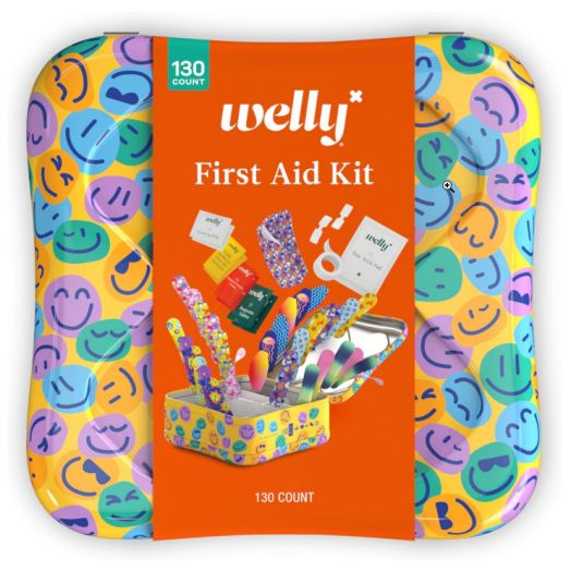 Welly First Aid Kit - Bravery Badges in Flexible Fabric and Waterproof, Tape and Non-Stick Pads, Butterfly Strips, Singe Use Ointments Triple Antibiotic and Hydrocortisone, and Ibuprofen - 130 Count