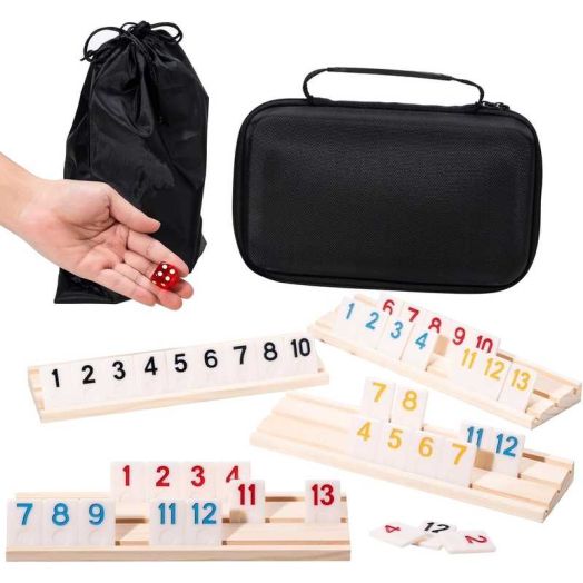 WAAYEE Rummy Cube Game Set, Classic Family Board Game, 106 Rummy Tiles with 4 Wooden Racks, Portable Carrying Case, 1 Pack