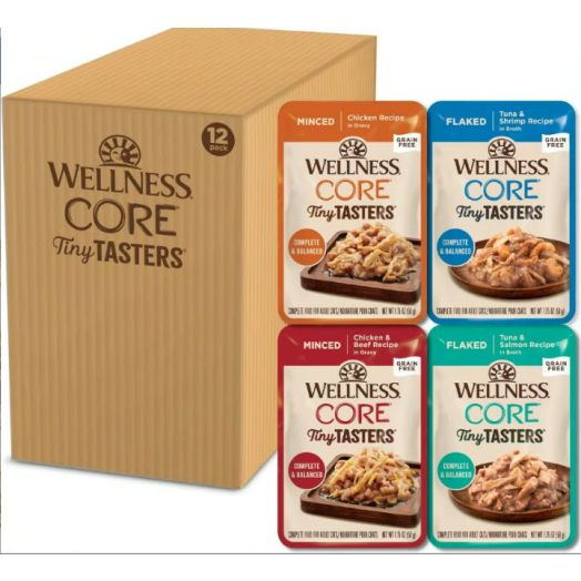 Wellness CORE Tiny Tasters Adult Wet Cat Food, Natural, Protein-Rich, Grain Free, 1.75-Ounce Pouch, 12 Pack, (Seafood & Poultry Variety Pack)