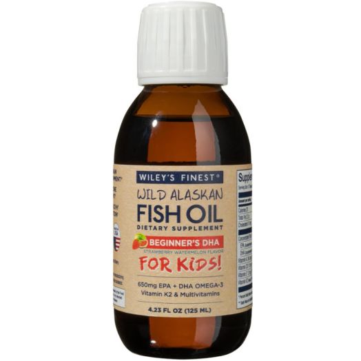 Wiley's Finest Wild Alaskan Beginner’s DHA - Liquid Fish Oil Supplement for Kids Ages 1 and Up - 650mg of EPA and DHA Omega-3s - Strawberry Watermelon Flavor - 4.23 Oz