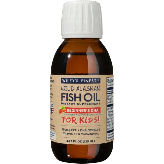 Wiley's Finest Wild Alaskan Beginner’s DHA - Liquid Fish Oil Supplement for Kids Ages 1 and Up - 650mg of EPA and DHA Omega-3s - Strawberry Watermelon Flavor - 4.23 Oz (50 Servings)