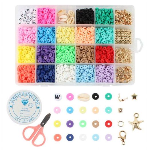 Wowstyle 24 Colors Loose Beads Bracelet Making Kit, DIY Flat Preppy Beads, Polymer Heishi Beads with Charms, Gifts for Teen Girls Crafts, Multicolor