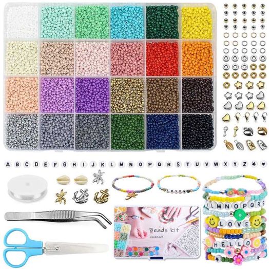 Wowstyle 4000pcs 2mm Multicolor Glass Seed Beads Jewelry Making Kit, DIY Handmade Gifts for Girls with Alphabet Beads and Elastic Cord